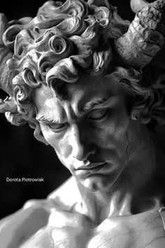 black and white photograph of a statue of a man with horns on his head looking down