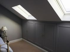 an attic bedroom with skylights and gray walls