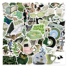 a collage of green and white stickers with images of furniture, flowers, plants