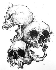 three skulls are stacked on top of each other in black and white ink, with one skull