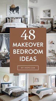 four photos with the words 48 makeover bedroom ideas