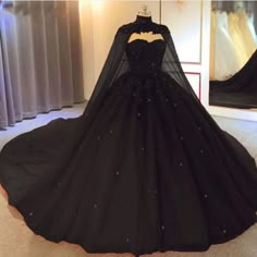 Dark Masquerade, Long Sweet 16 Dresses, Gaun Koktail, Black Wedding Gowns, Black Ball Gown, Cape Wedding Dress, Gothic Wedding Dress, Royal Blue Prom Dresses, Tulle Ball Gown