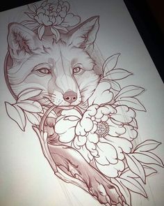 a drawing of a fox with flowers in its mouth