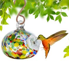 a hummingbird flying towards a colorful glass ornament hanging from a tree branch