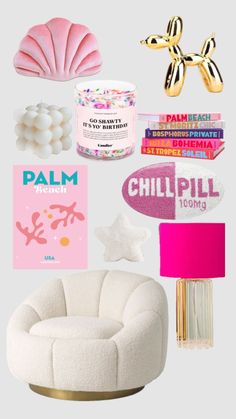 pink and gold items are featured in this collage, including a chair, lamp, books, and other decorative objects