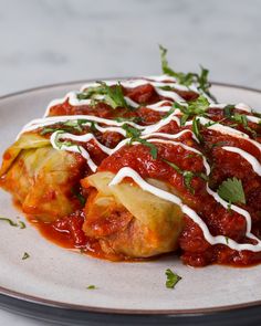 an enchilada with sauce and garnishes on a plate