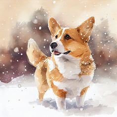 a painting of a corgi in the snow