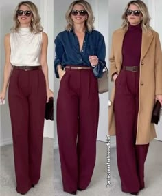 Combinação de look na cor vinho Maroon Business Outfit, Deep Winter Office Outfit, Deep Autumn Work Outfits, Burgandy Pants Outfits Fall, Bordo Pants Outfits, Fall Burgandy Outfits, Pantalon Palazzo Outfits, Chic Burgundy Workwear Pants, Deep Autumn Outfit