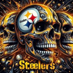 a skull with two skulls on it and the pittsburgh football team's logo in flames