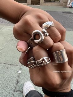 Belt Stacking, Silver Rings Stack Aesthetic, Stacked Silver Jewelry, Chunky Silver Jewellery Aesthetic, Trendy Sterling Silver Streetwear Jewelry, Ring Inspo Jewelry Silver, Chunky Silver Rings Stacked, Maximalist Jewelry Silver, Silver Punk Rings For Streetwear