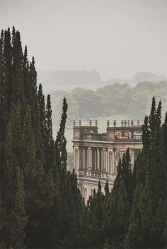 an old building surrounded by trees in the rain