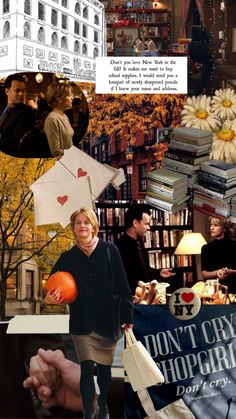 a collage of photos with people holding umbrellas, books and flowers in the background