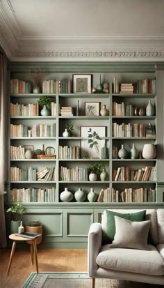 a living room filled with lots of green bookshelves