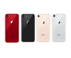 four different colored iphones are lined up in a row on a white background,