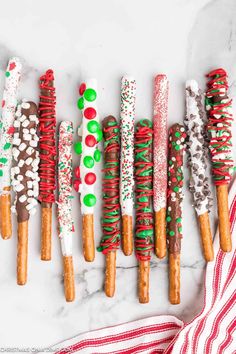 christmas pretzels are lined up on a table