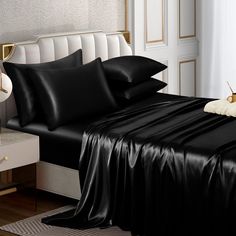 PRICES MAY VARY. ❤Affordable & Luxury Satin Sheet Set: King size satin sheet set includes 1 flat sheet 108" x 102", 1 fitted sheet 80" x 78" and 4 pillow cases 20" x 40". Deep pocket fits mattresses up to 16" thick. Elastic all around makes that the satin bed sheets will not loosen up no matter what. A beautiful and fine glossy adds an elegant and advanced style to your room. ❤100% Polyester Satin Sheets: Black satin sheets are made of 100% polyester fiber (satin fabric), soft and smooth like as Silk Sheet Set, Silk Bed Sheets, Satin Fabrics, Soft Bed Sheets, Queen Size Sheets, Silk Bedding Set, Silk Sheets, Satin Bedding, Satin Set