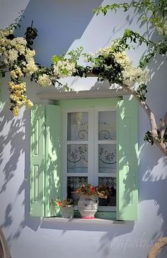 an open window with green shutters and white flowers