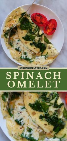 Spinach omelette served with pan roasted tomatoes Quick Easy Spinach Recipes, Eggs Omlette Healthy, Egg White Spinach Omelet, Omlet Recipes Easy Spinach, Breakfast Ideas With Spinach And Eggs, Spinach Cheese Omelette, Easy Healthy Omelette, Spinach Onion Omelette, Spinach And Eggs Breakfast Healthy