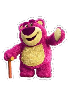 a pink teddy bear is holding a sticker