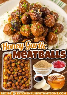 the recipe for honey garlic meatballs is shown on a plate with rice and sauce