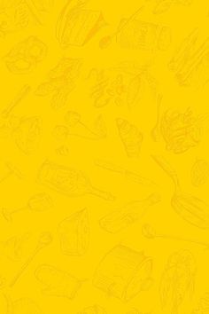 a yellow background with different types of food on it