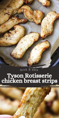 chicken breast strips being held up to the camera with text overlay