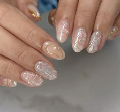 Gold shell nails, gold gel nails, shell nails, gel design, gel beach nails, beach aesthetic, nail aesthetic Seashell Nails, Gel X Nails, X Nails, Special Nails, Mermaid Nails, Cute Gel Nails, Nails Only