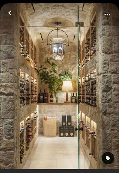 an image of a wine cellar with many bottles on the shelves and chandelier hanging from the ceiling