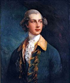 a painting of a man wearing a blue coat and white shirt with gold trims