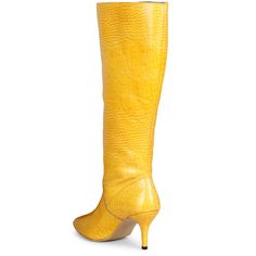 The Saint Adella yellow leather boot is a luxury that cleverly combines a stylish youthful outlook. These knee high boots have a emobssed leather upper and a pointed toe to add a touch of style to your everyday look. Made from the finest materials. Features a covered stiletto heel, stitching details with paneled finish. complete with leather & fleece lining, padded leather footbed with stamped logo. the gorgeous boot sit on a 2.9 inches stiletto heel. The approx. height of the boot is-18.5 Inche Yellow Round Toe Heeled Boots For Fall, Yellow Pointed Toe Party Boots, Yellow Pointed Toe Boots For Party, Yellow High Heel Boots For Fall, Fitted Yellow High Heel Boots, Chic Yellow Boots For Fall, Yellow Leather Boots With Snip Toe, Yellow High Heel Leather Boots, Yellow Leather Boots For Fall