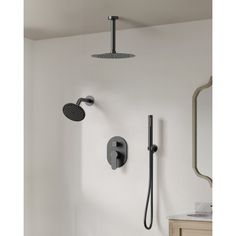 an image of a shower head with thermostaer and faucet set