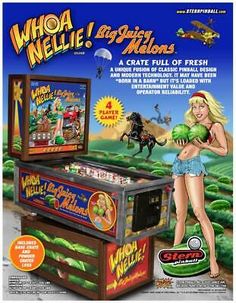 an advertisement for the video game who's melons, featuring a pinball machine