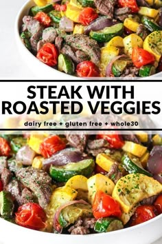 steak with roasted veggies in a white bowl