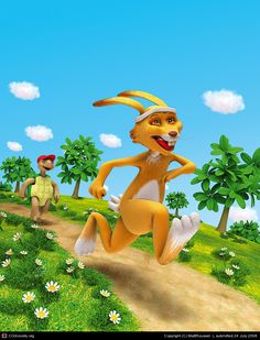 an animated rabbit running down a dirt road next to a man in a red hat