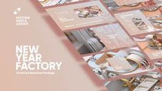 the new year factory brochure is displayed on a pink and white background with lots of different items