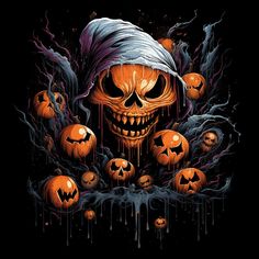 an image of halloween pumpkins on the ground with a skull and ghost face in the background