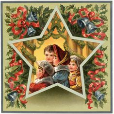 an old fashioned christmas card with three children in the center and bells hanging from it