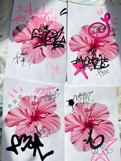 four pieces of paper with pink flowers and graffiti written on the sides, all in different shapes and sizes