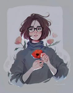 a woman with glasses holding a flower