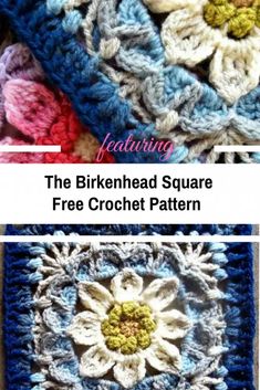 the finished square is shown with crochet flowers on it and has been made into a