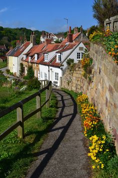 there are many houses on the side of this hill with flowers growing all over it