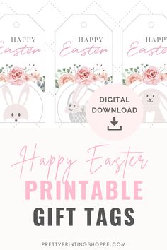 printable easter gift tags with pink flowers and bunny ears on the front, text reads happy