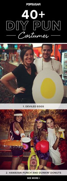 four different photos with the words 40 + diy pun costumes