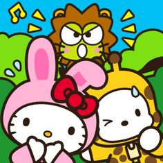 an image of hello kitty and giraffes in the grass with music notes