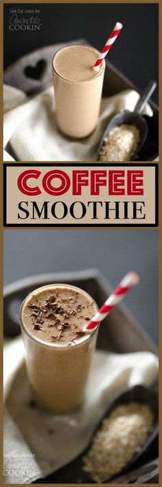 coffee smoothie with two straws in it on a tray next to another drink