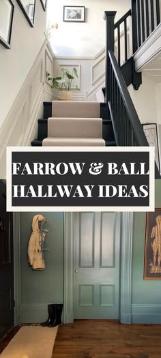 farrow and ball hallway ideas, first image shows cream hallway with railings on the bannister and the second with green smoke colour over the walls and woodwork. One Colour Hallway, Beautiful Hallway Ideas, Farrow And Ball Downpipe Hallway, Farrow And Ball Hall Stairs And Landing, Hallway Panneling Colour Ideas, Strong White Hallway, Farrow And Ball Railings Stair Bannister, Pigeon Hallway Farrow Ball, Railings Hallway Farrow Ball