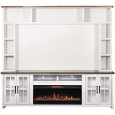 a white entertainment center with an electric fireplace