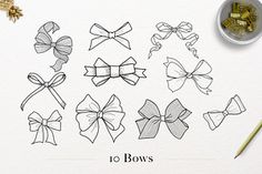 various bows drawn in pencil and ink on paper