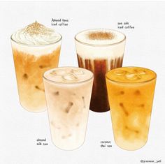 three different types of drinks with names on the top one is iced, iced and iced coffee