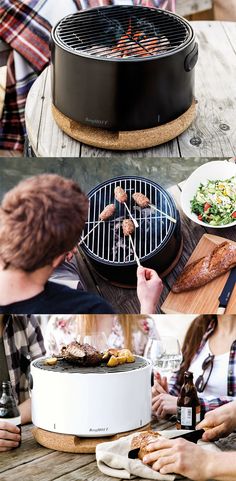 a man is grilling food on the grill and another person is holding a beer